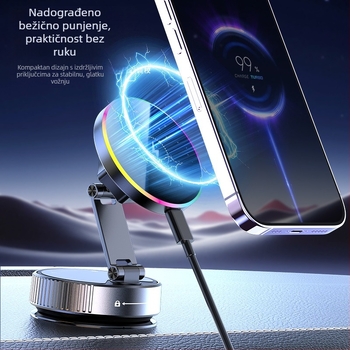 Magnetski bežični držač za telefon u automobilu s vakuumskim usisavanjem, 15W punjenje, 720° rotacija, sklopivi, univerzalni držač za središnju konzolu