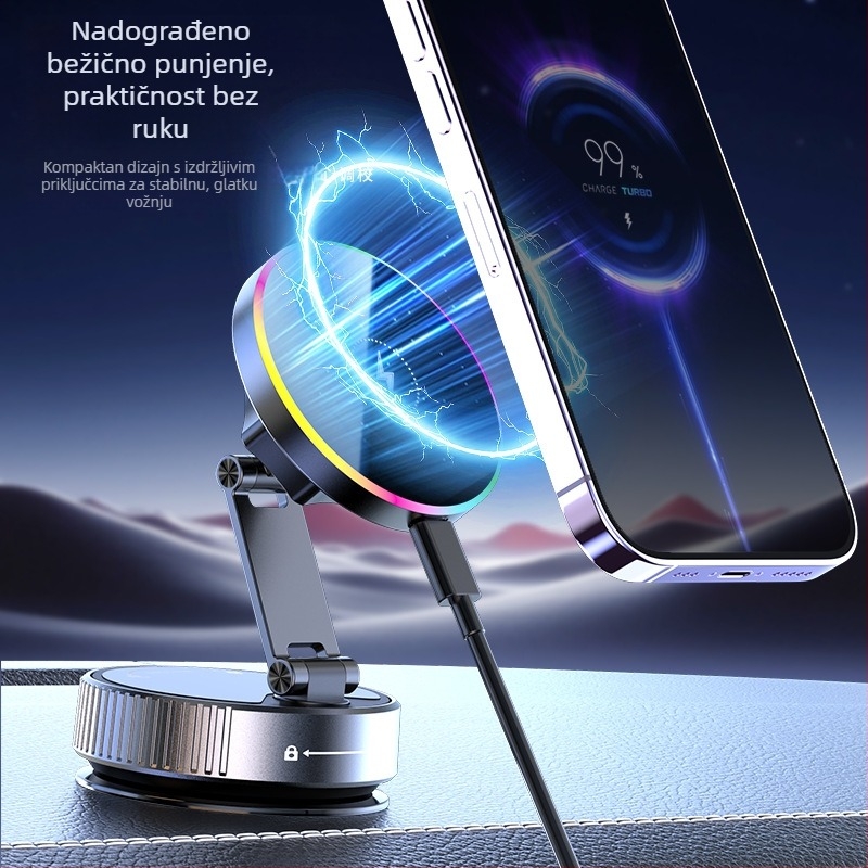 Magnetski bežični držač za telefon u automobilu s vakuumskim usisavanjem, 15W punjenje, 720° rotacija, sklopivi, univerzalni držač za središnju konzolu