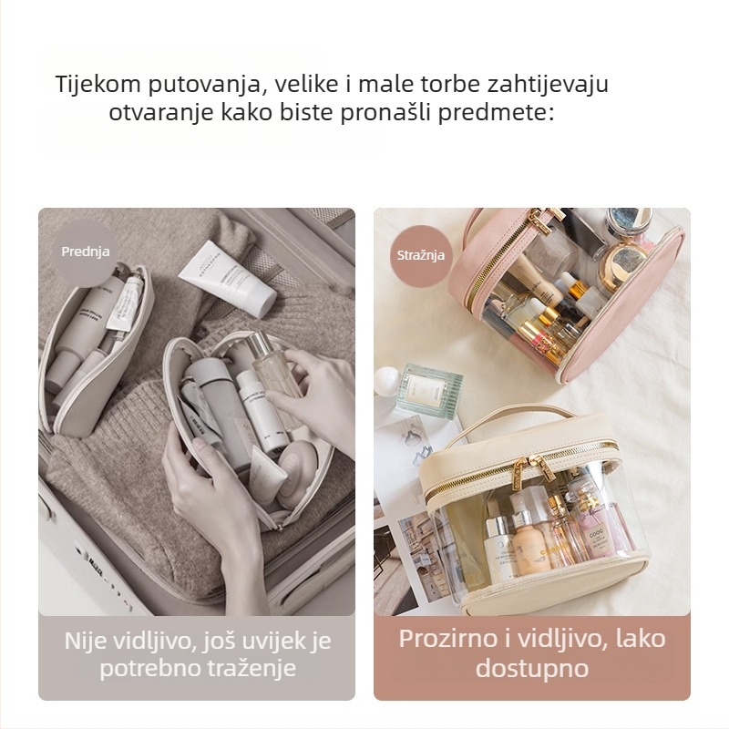 Putna prozirna kozmetička torbica, vodootporna, prijenosna, velika kapaciteta, dvostrukog sloja torbica za kozmetiku
