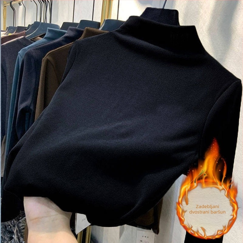 Crna plus-size bluza s dugim rukavima i mock neck ovratnikom, baršunastom podstavom za jesen-zimu