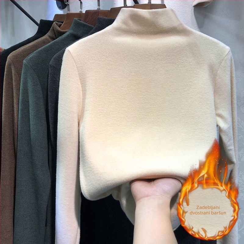 Crna plus-size bluza s dugim rukavima i mock neck ovratnikom, baršunastom podstavom za jesen-zimu