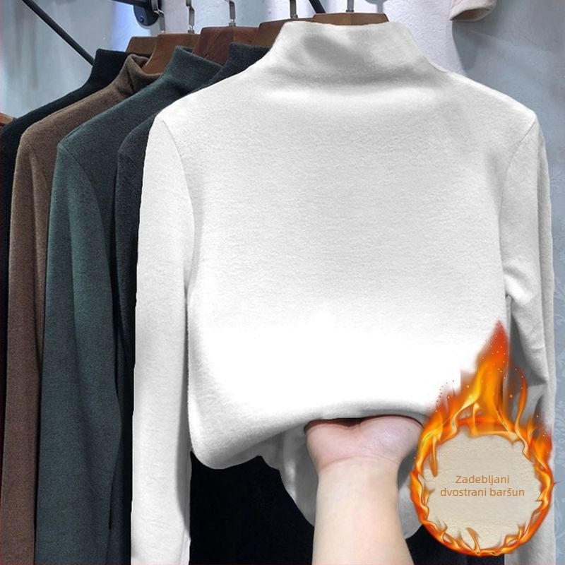 Crna plus-size bluza s dugim rukavima i mock neck ovratnikom, baršunastom podstavom za jesen-zimu