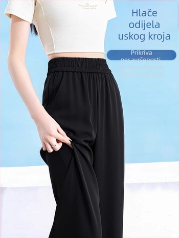 Ženske široke hlače od Ice Silk za ljeto, crne, tanke, visoke elastičnosti, plus veličina, opušteni ravni kroj