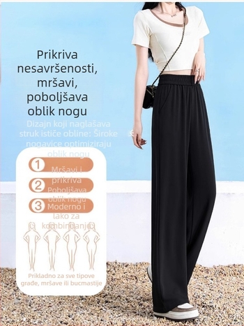 Ženske široke hlače od Ice Silk za ljeto, crne, tanke, visoke elastičnosti, plus veličina, opušteni ravni kroj