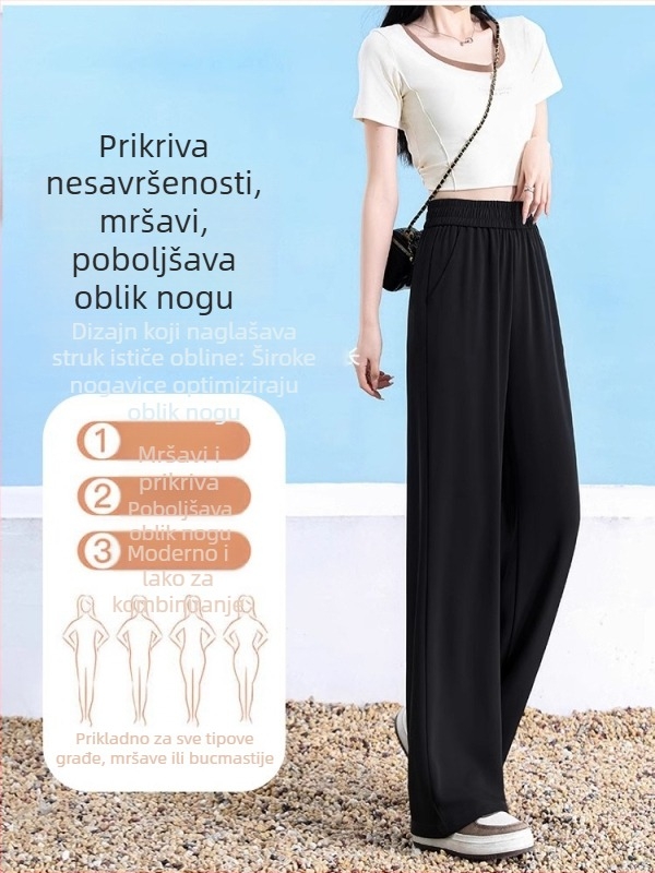Ženske široke hlače od Ice Silk za ljeto, crne, tanke, visoke elastičnosti, plus veličina, opušteni ravni kroj