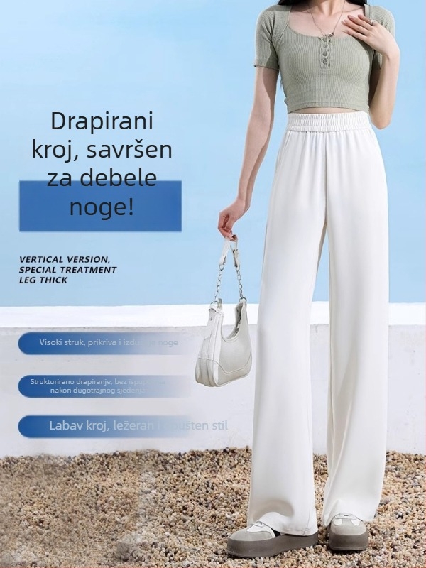 Ženske široke hlače od Ice Silk za ljeto, crne, tanke, visoke elastičnosti, plus veličina, opušteni ravni kroj