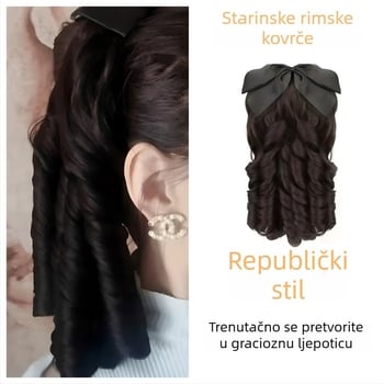 Perika s rimskim kovrčama i repom s mašnicom — stil princeze, kosa otporna na toplinu od žice