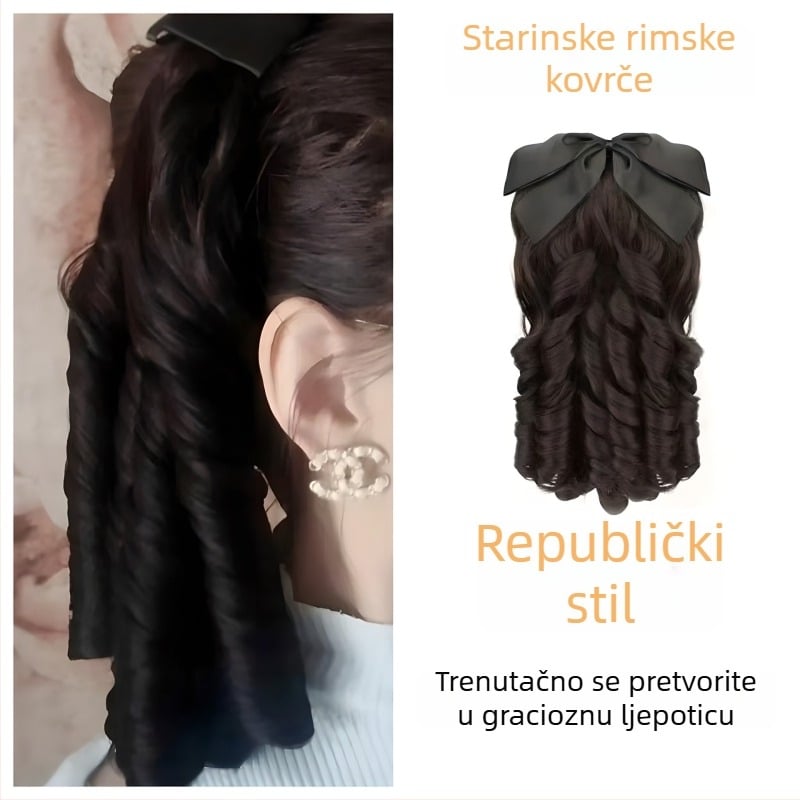 Perika s rimskim kovrčama i repom s mašnicom — stil princeze, kosa otporna na toplinu od žice