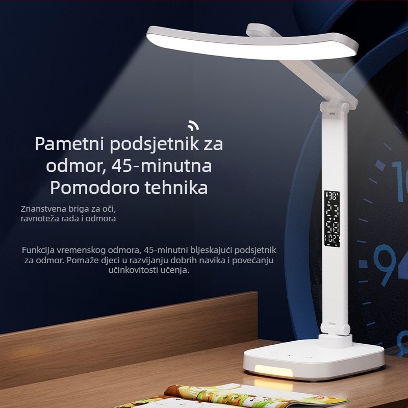 Dvoglava stolna svjetiljka za zaštitu očiju s ugrađenom baterijom, sklopivi držač za olovke, za ured i čitanje