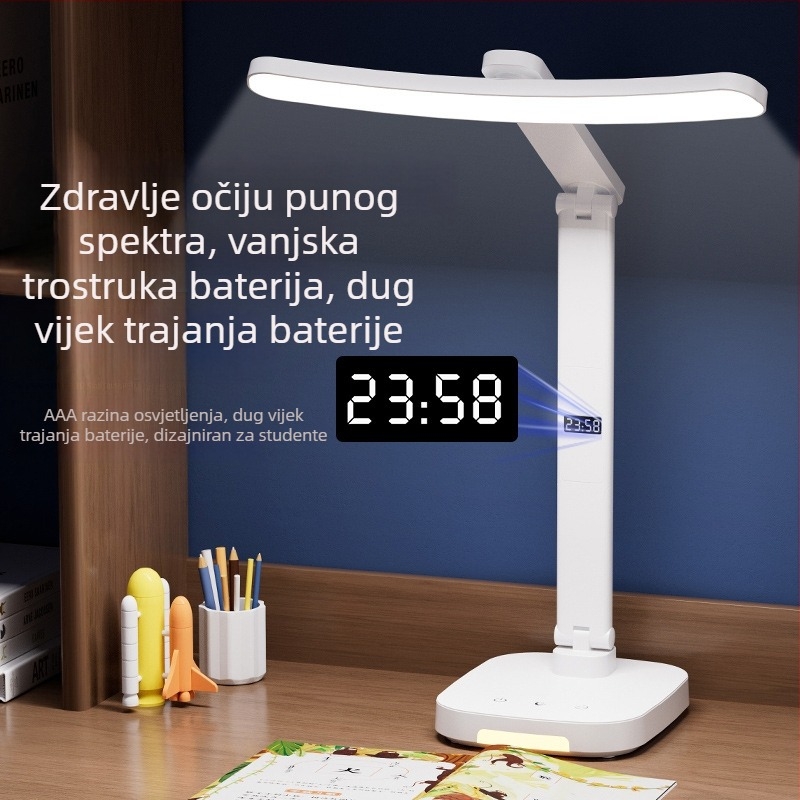Dvoglava stolna svjetiljka za zaštitu očiju s ugrađenom baterijom, sklopivi držač za olovke, za ured i čitanje