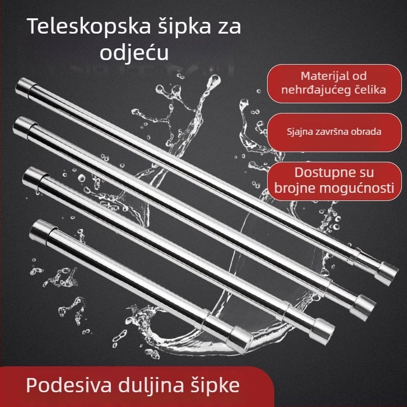 Sotegu šipka za garderobu od nehrđajućeg čelika, teleskopska, ojačana, prilagodljiva, izvlačna
