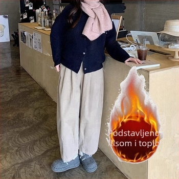 Ženske široke hlače od corduroya, plus veličina, jesen/zima, za siluetu kruške, vizualni efekt vitkosti, duljina 9/10, podstavljena fleece