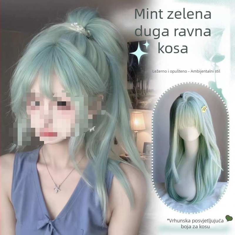 Duga ravna perika u nijansi mente mliječno zelene, za žene, Lolita stil, prirodan izgled, potpuno pokrivanje glave
