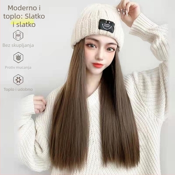 Ženska perika s dugom ravnom kosom i integriranom kapom, jesensko-zimska pletena kapa, prirodan izgled, potpuno prekrivanje glave, korejski stil mode