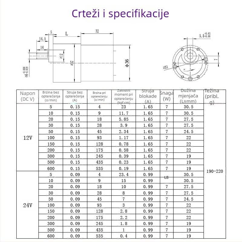 37GB520 Mikro DC motor s reduktorom – mini redukcijski motor za robotiku i male uređaje, 12V