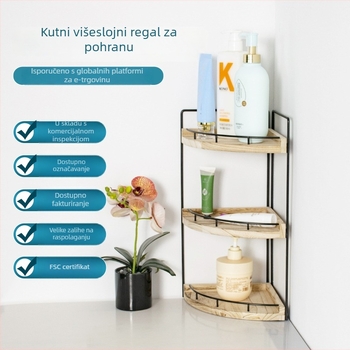 Kupaonski regal u obliku ventilatora, trostruki metalni stalak, bez bušenja, postavljen na pod.