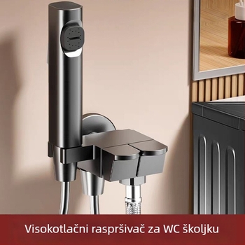 Zidni set za WC s visokotlačnim tušem za ispiranje i priključkom za ženski bide, s jednim ulazom i dva izlaza, kutni ventil