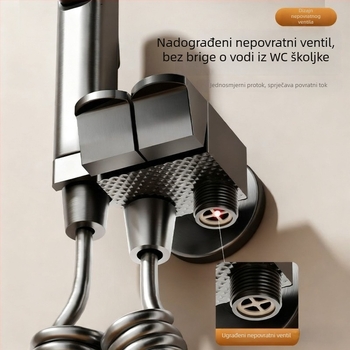 Zidni set za WC s visokotlačnim tušem za ispiranje i priključkom za ženski bide, s jednim ulazom i dva izlaza, kutni ventil