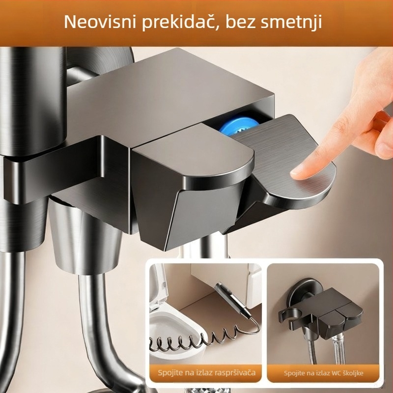 Zidni set za WC s visokotlačnim tušem za ispiranje i priključkom za ženski bide, s jednim ulazom i dva izlaza, kutni ventil
