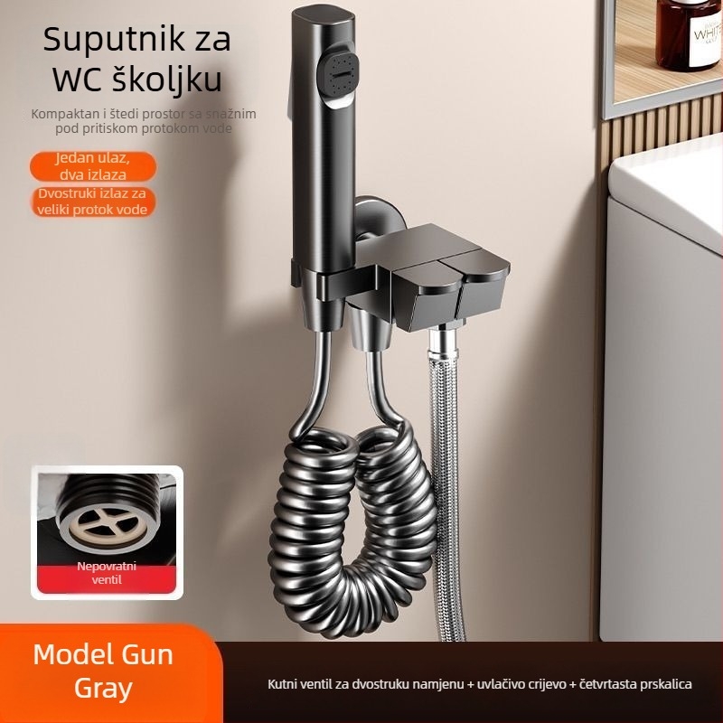 Zidni set za WC s visokotlačnim tušem za ispiranje i priključkom za ženski bide, s jednim ulazom i dva izlaza, kutni ventil