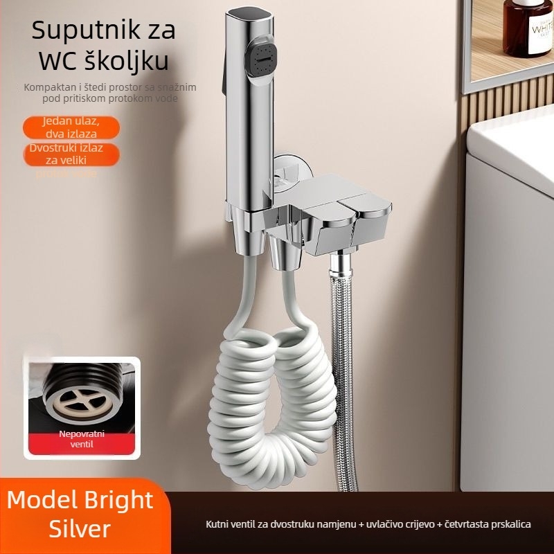 Zidni set za WC s visokotlačnim tušem za ispiranje i priključkom za ženski bide, s jednim ulazom i dva izlaza, kutni ventil