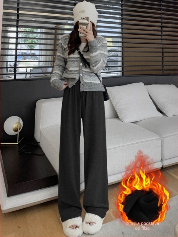 Ženske hlače za jesen-zimu s fleece podstavom, širokim krojem, visokim strukom, drapirane, duge, casual