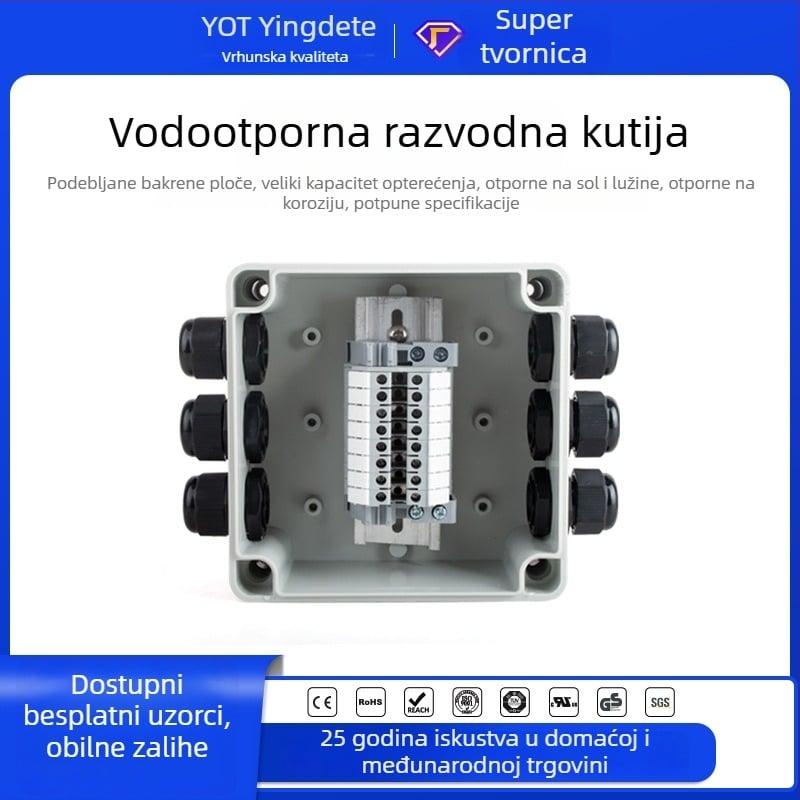 Vanjska vodootporna plastična kutija za spojeve s terminalima, kabelski ulaz zatvoren, 1 ulaz 2 izlaza, otporna na kišu