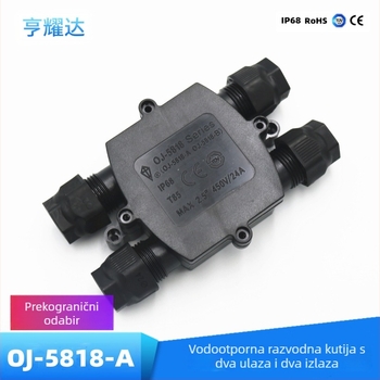 IP68 vodootporna kutija za spajanje s 2 ulaza i 2 izlaza, crna plastična, 3-pozicijski terminal blok, za LED ulično osvjetljenje