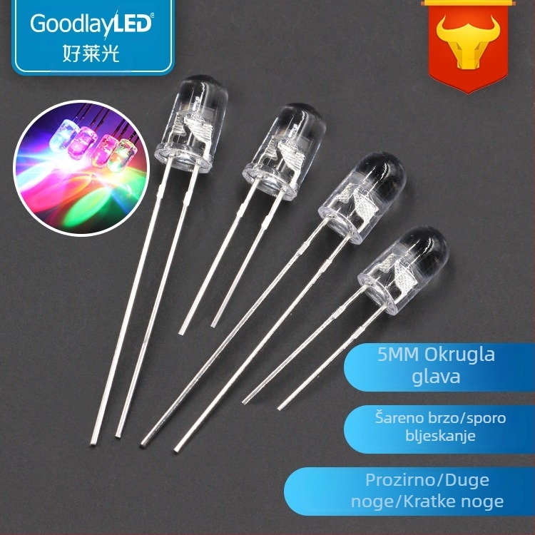 LED perle F5, 5 mm, prozirna okrugla glava, RGB, brzo i sporo treptanje, visoka svjetlina