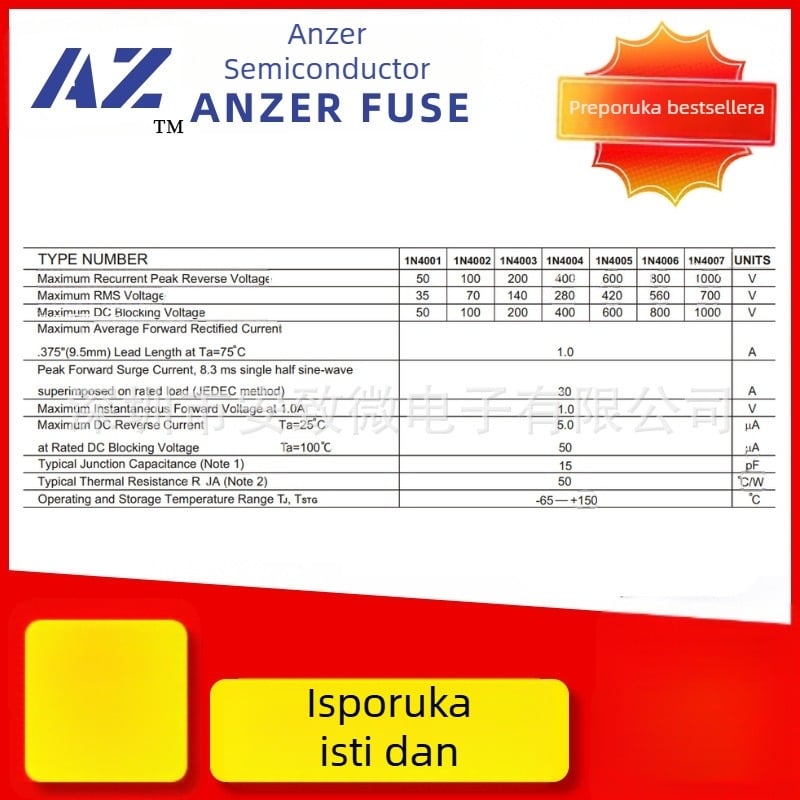 ANZER 1N4007M71A1000V DO-41 rek­tifikacijska dioda, brzo oporavak, silicijska
