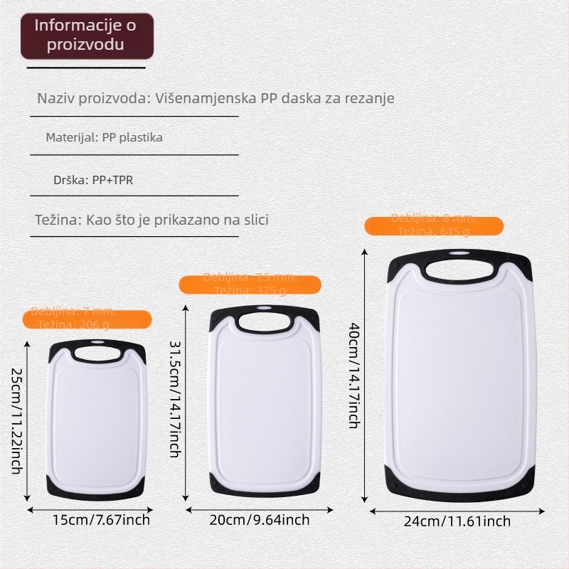 Set od tri daska za rezanje od PP plastike za kuhinju – rezanje povrća, voća i mesa, FDA-kompatibilno