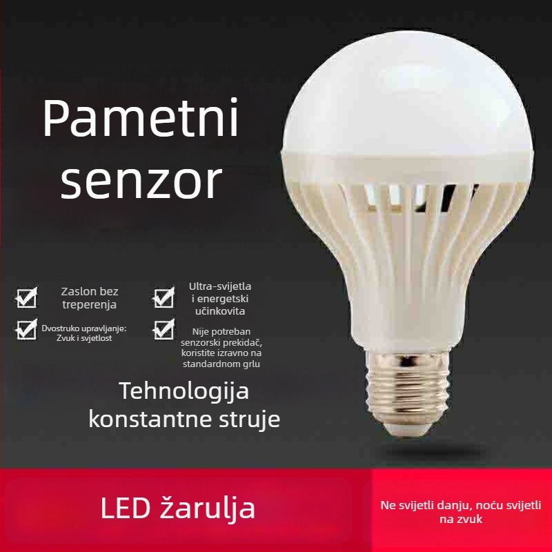 LED žarulja s bazom E27, upravljanje zvukom i svjetlom, senzor pokreta za hodnik, energetski učinkovita, kućna upotreba