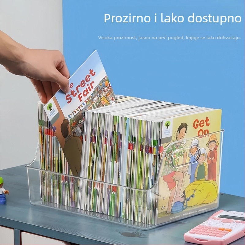 Prozirni akrilni organizator za dječje slikovnice na stolu, transparentan držač knjiga s velikim kapacitetom, jedan nivo.