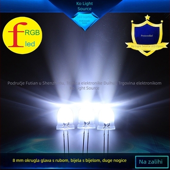 LED dioda s 8 mm okruglom glavom, prozirni rub, bijela svjetlost 6500–7000K, dugačke nožice, izravno priključenje