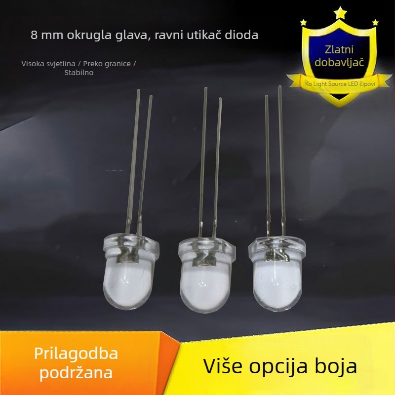 LED dioda s 8 mm okruglom glavom, prozirni rub, bijela svjetlost 6500–7000K, dugačke nožice, izravno priključenje