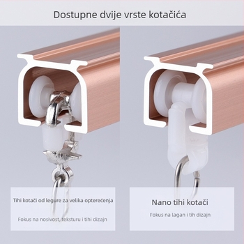 Aluminijska zavjesna tračnica s dvostrukim vodilom, tiha gornja montaža, kuka tip, teleskopski klizni sustav za zavjese