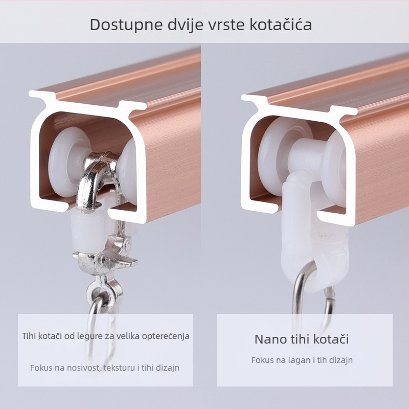 Aluminijska zavjesna tračnica s dvostrukim vodilom, tiha gornja montaža, kuka tip, teleskopski klizni sustav za zavjese