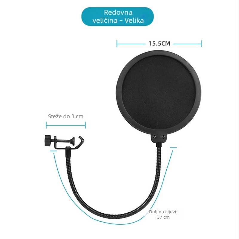 Veliki pop-filter za mikrofon za livestream, dvostruki sloj filtra protiv vjetra, profesionalni dizajn