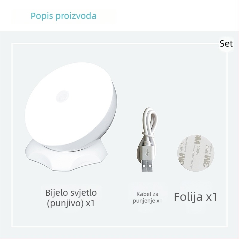 LED noćna lampa s senzorom pokreta, punjiva, 360° rotacija, za ormariće i hodnike