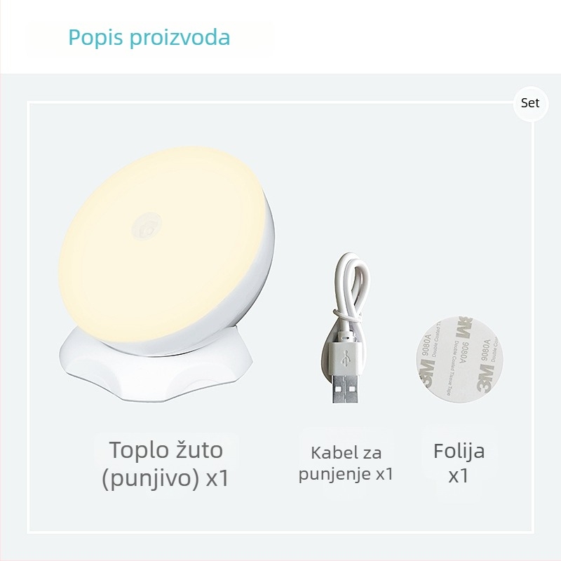 LED noćna lampa s senzorom pokreta, punjiva, 360° rotacija, za ormariće i hodnike