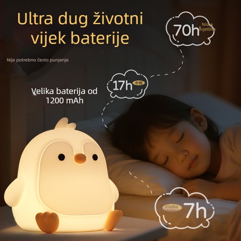 Silikonska noćna lampa u obliku pingvina, dugotrajna baterija, inteligentni senzor, punjiva ambijentalna lampica