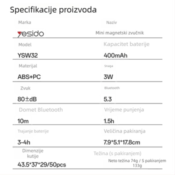 Yesido Bluetooth zvučnik, prenosni, mini ambijentalno svjetlo, magnetski dizajn