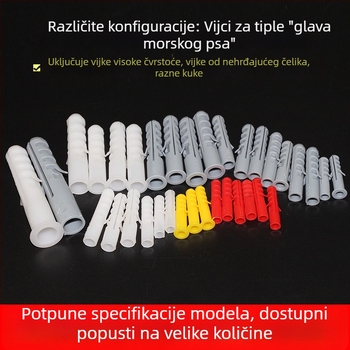 Plastične proširne cijevi i najlonske proširne čepove sa vijcima, veličine 6×30, 8×40, 10×50, 12×60, 14×75.