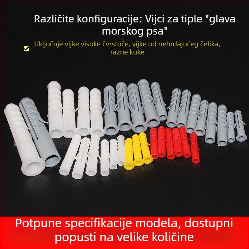 Plastične proširne cijevi i najlonske proširne čepove sa vijcima, veličine 6×30, 8×40, 10×50, 12×60, 14×75.