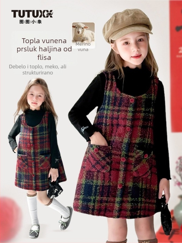 Dječja zimska haljina-vest, princes stil, s kariranim uzorkom, 2026, za uzrast 3–8 godina
