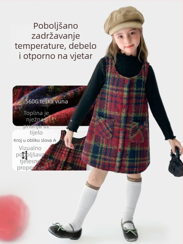 Dječja zimska haljina-vest, princes stil, s kariranim uzorkom, 2026, za uzrast 3–8 godina