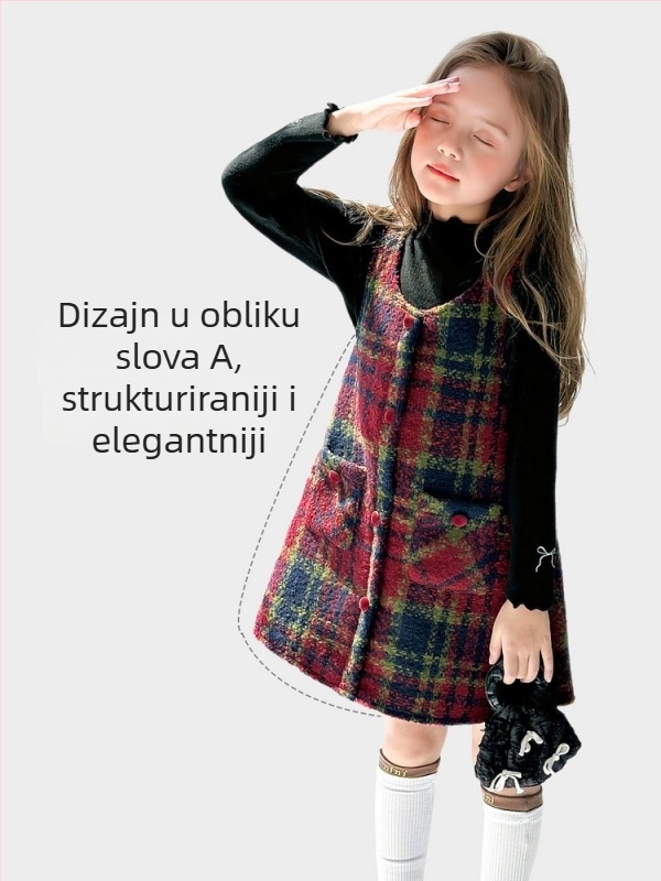Dječja zimska haljina-vest, princes stil, s kariranim uzorkom, 2026, za uzrast 3–8 godina