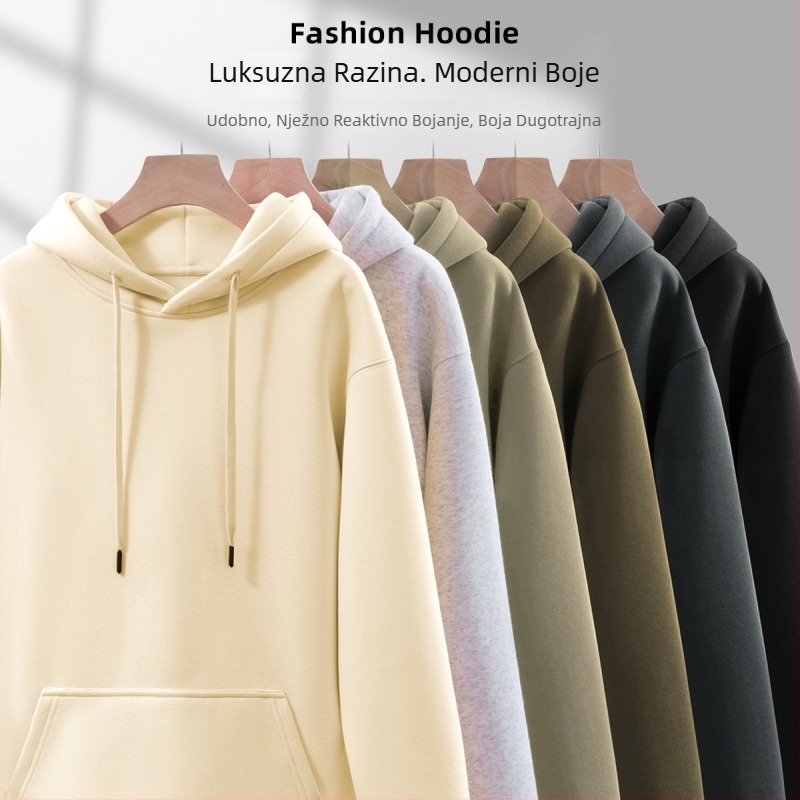 Muški sivi hoodie u američkom stilu, široki kroj, debeli materijal, s kapuljom, printom i trodimenzionalnim džepom
