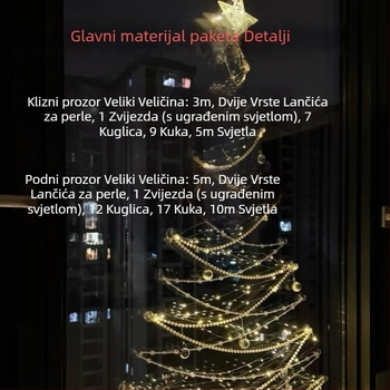 Božićna dekoracija dnevnog boravka s prozorom od poda do stropa — DIY viseći ukras za bor i scenografiju atmosfere