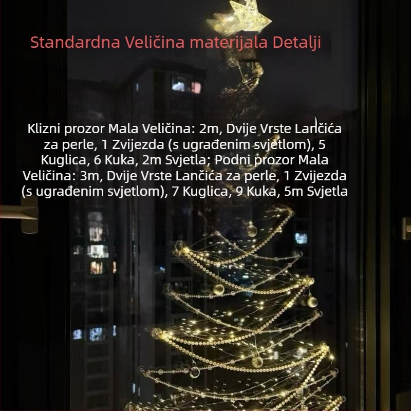 Božićna dekoracija dnevnog boravka s prozorom od poda do stropa — DIY viseći ukras za bor i scenografiju atmosfere
